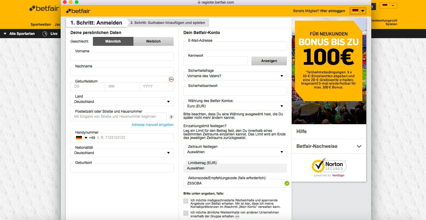 Betfair Registrierung