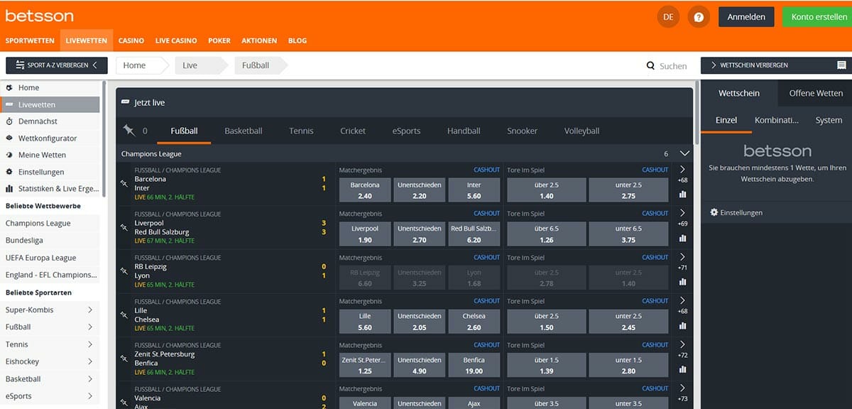 betsson Sportwetten Vorschau Live Wetten