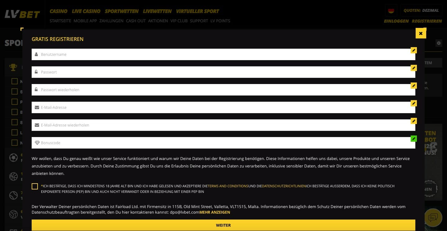 LVBet Registrierung