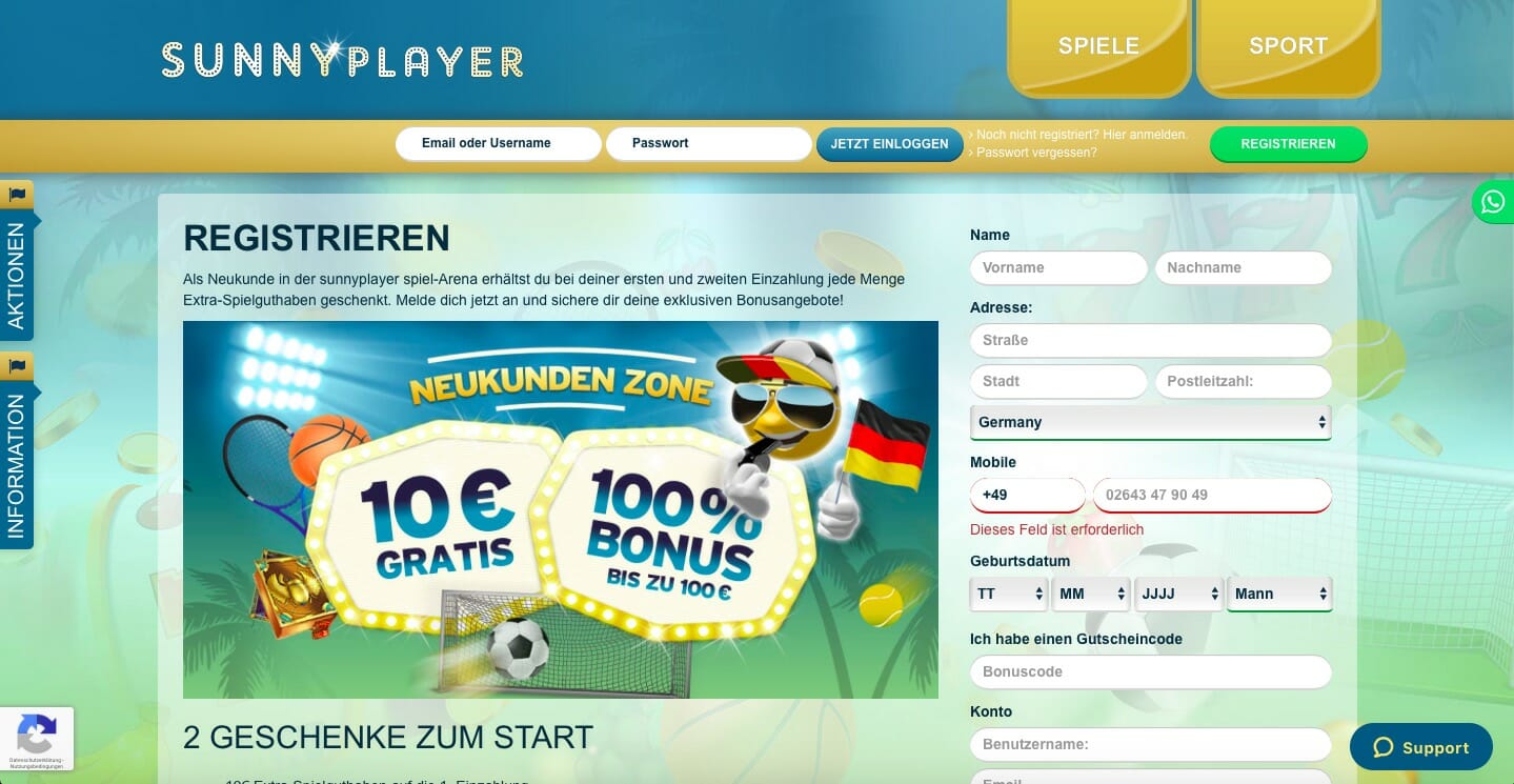 Sunnyplayer Registrierung