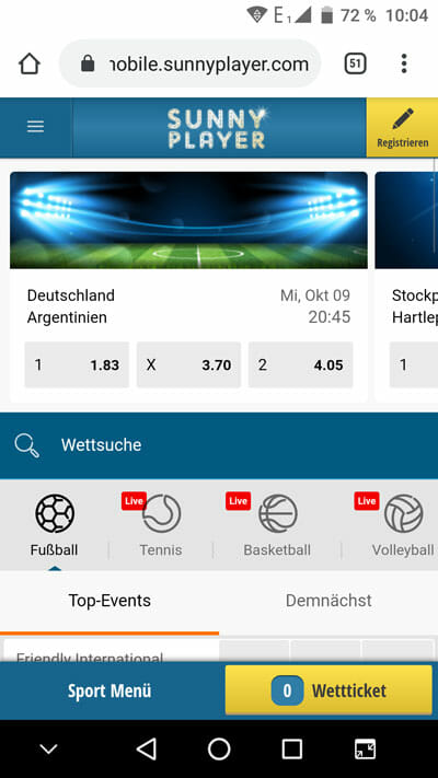 SunnyPlayer Sportwetten mobile Vorschau